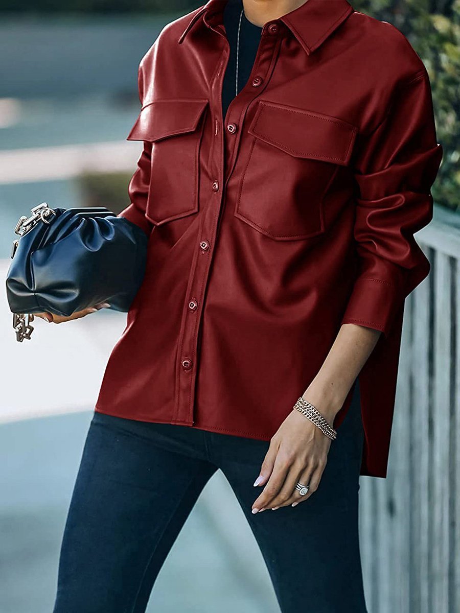 Women's Jackets Pocket Button Long Sleeve Leather Jacket - LuckyFash™