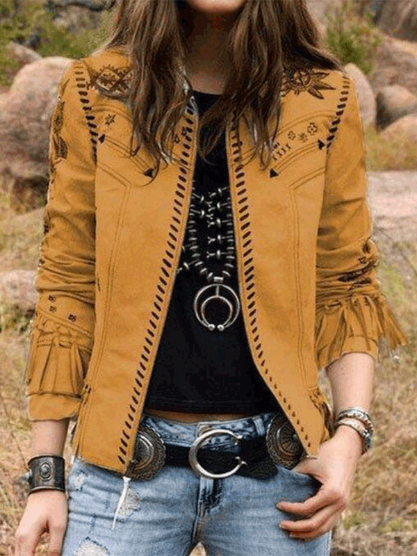 Women's Jackets Printed Fringe Long Sleeve Slim Fit Jacket - LuckyFash™