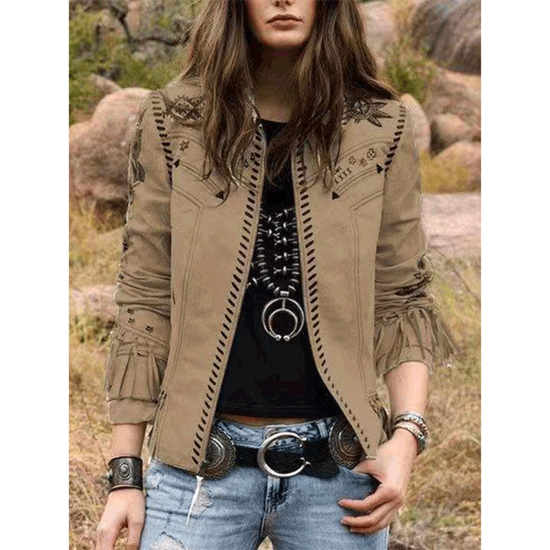 Women's Jackets Printed Fringe Long Sleeve Slim Fit Jacket - LuckyFash™