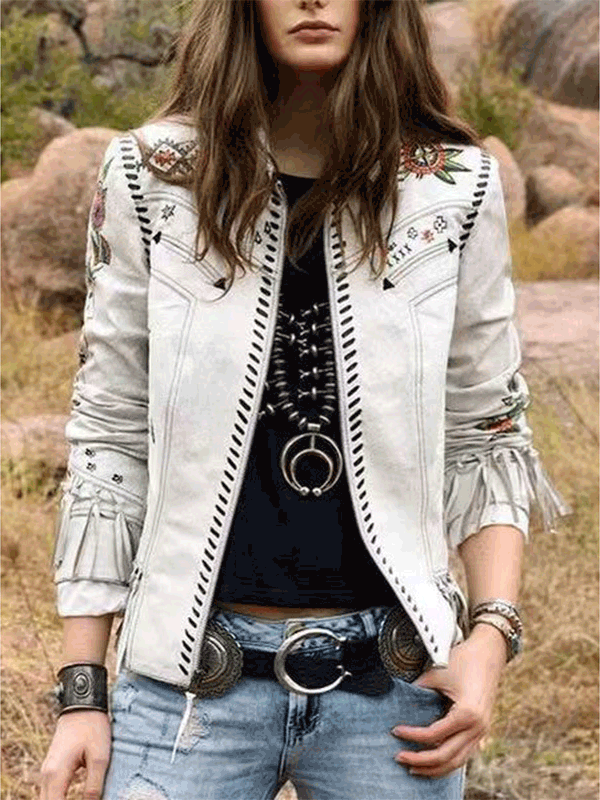 Women's Jackets Printed Fringe Long Sleeve Slim Fit Jacket - LuckyFash™