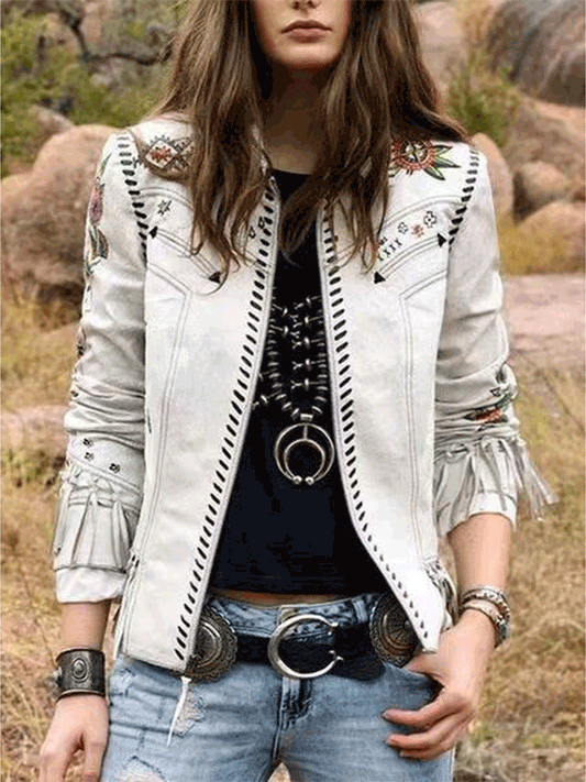 Women's Jackets Printed Fringe Long Sleeve Slim Fit Jacket - LuckyFash™