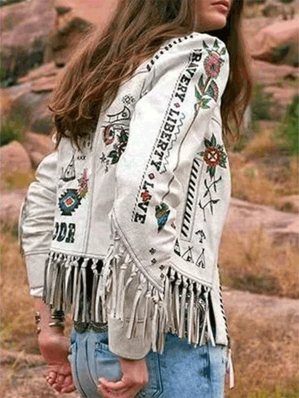 Women's Jackets Printed Fringe Long Sleeve Slim Fit Jacket - LuckyFash™