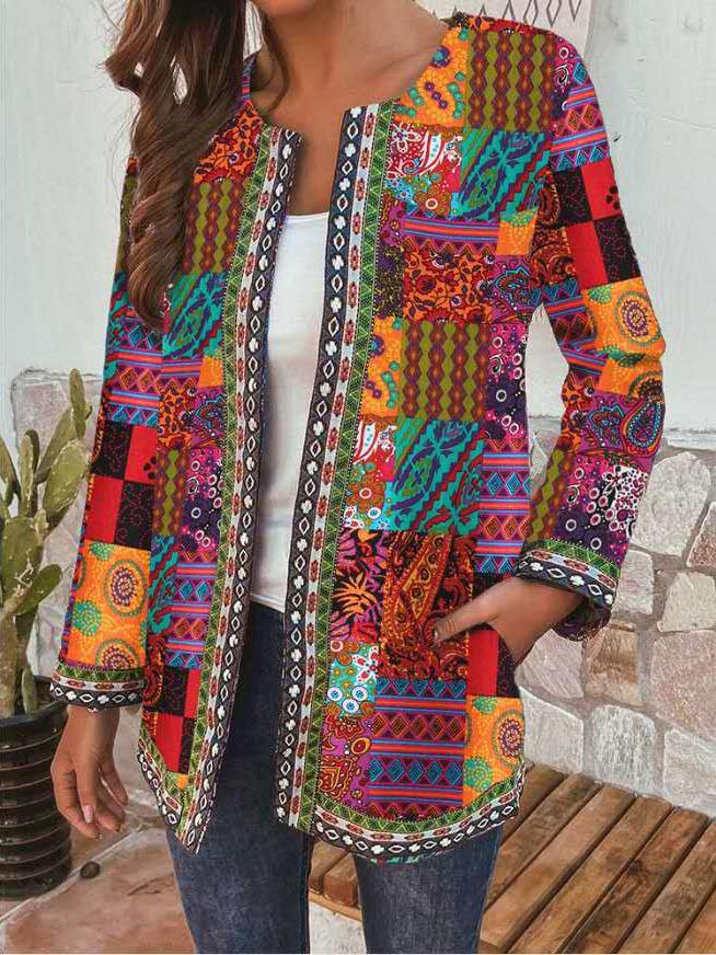 Women's Jackets Retro Print Pocket Long Sleeve Cardigan Jacket - LuckyFash™
