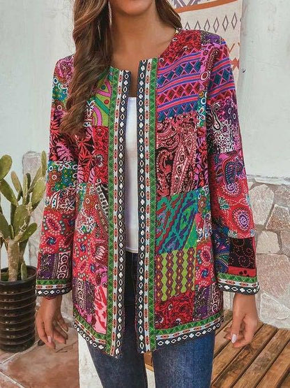 Women's Jackets Retro Print Pocket Long Sleeve Cardigan Jacket - LuckyFash™