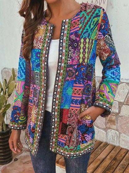 Women's Jackets Retro Print Pocket Long Sleeve Cardigan Jacket - LuckyFash™