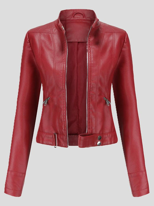 Women's Jackets Short Stand-Up Collar Zipped Leather Jacket - LuckyFash™