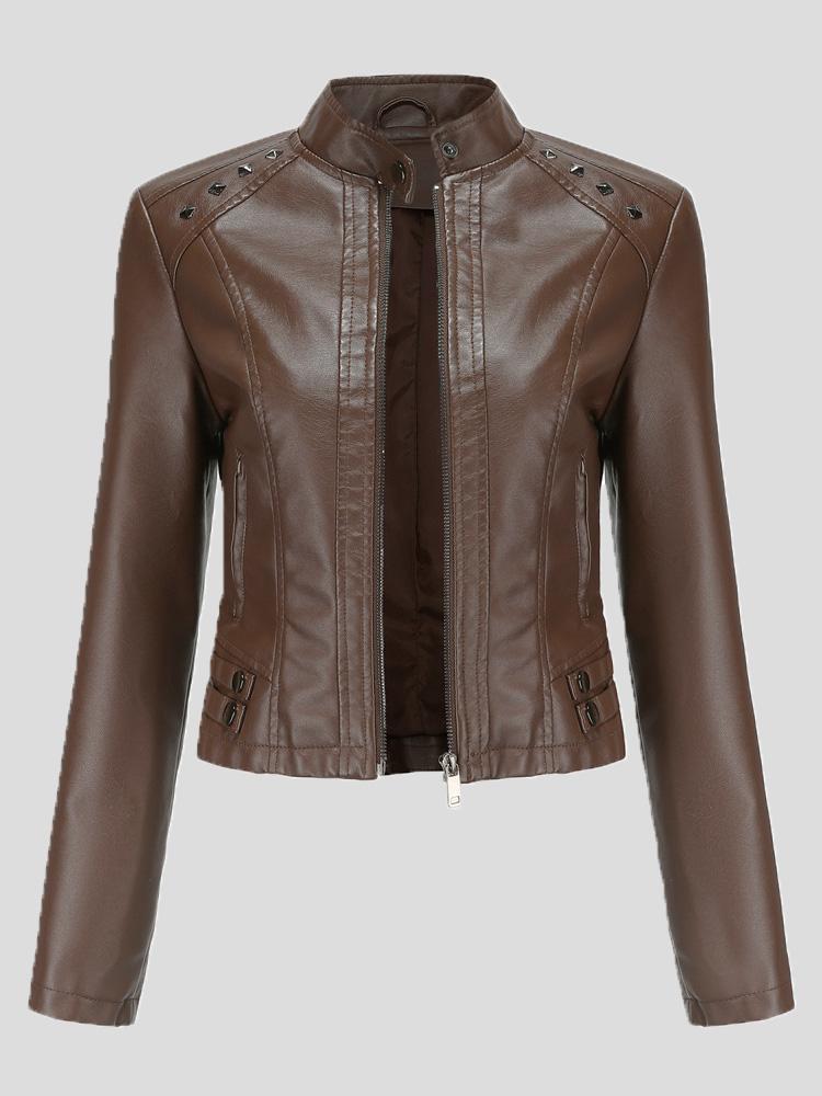Women's Jackets Studded Stand Collar Long Sleeve Short Leather Jacket - LuckyFash™