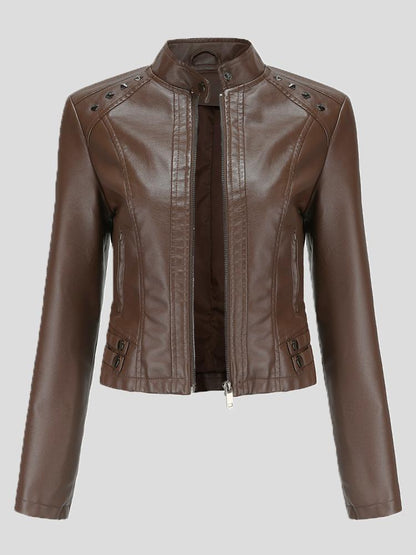 Women's Jackets Studded Stand Collar Long Sleeve Short Leather Jacket - LuckyFash™