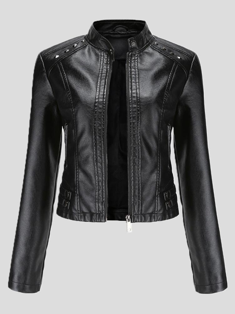 Women's Jackets Studded Stand Collar Long Sleeve Short Leather Jacket - LuckyFash™