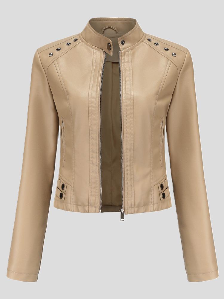 Women's Jackets Studded Stand Collar Long Sleeve Short Leather Jacket - LuckyFash™