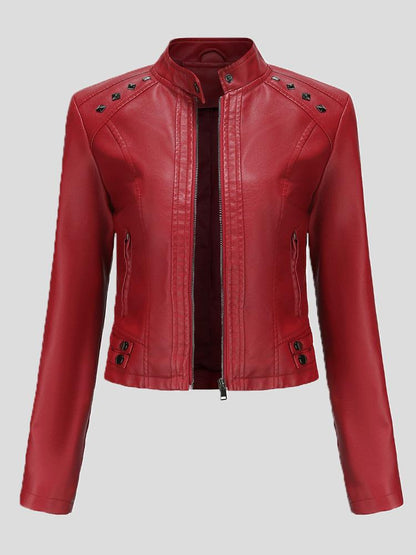 Women's Jackets Studded Stand Collar Long Sleeve Short Leather Jacket - LuckyFash™