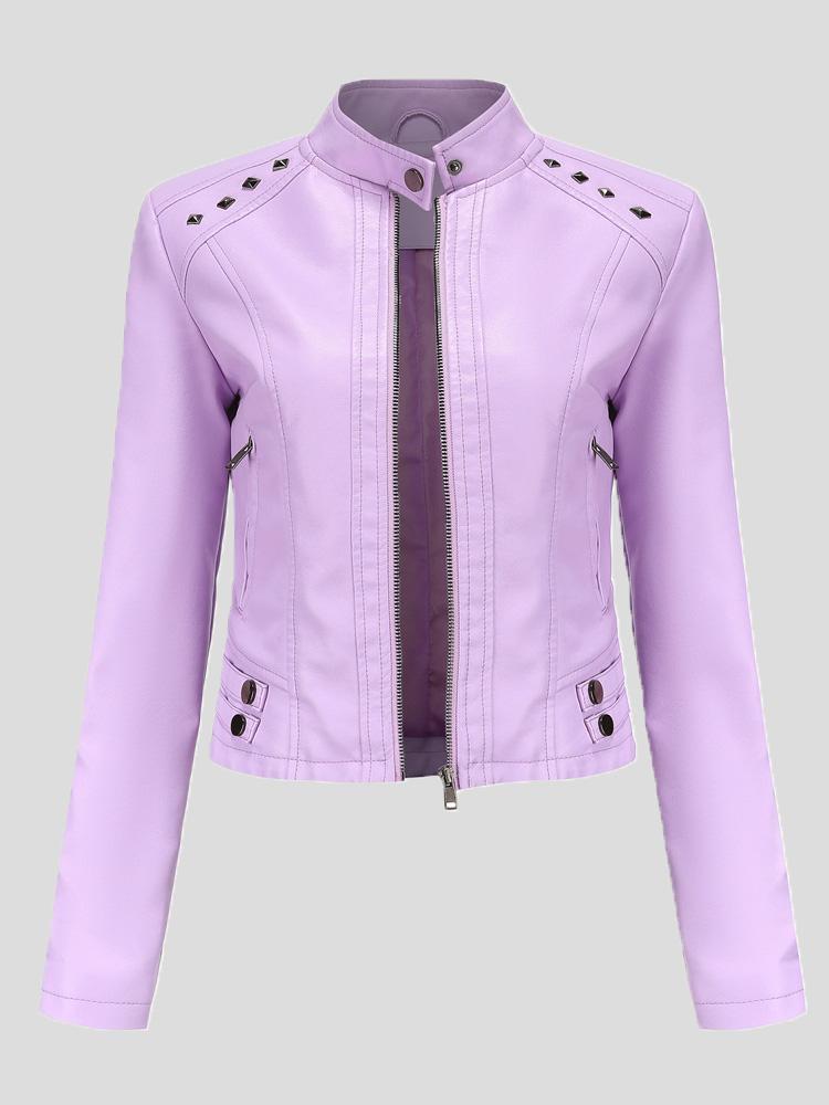 Women's Jackets Studded Stand Collar Long Sleeve Short Leather Jacket - LuckyFash™