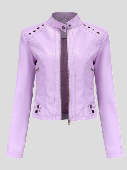 Women's Jackets Studded Stand Collar Long Sleeve Short Leather Jacket - LuckyFash™