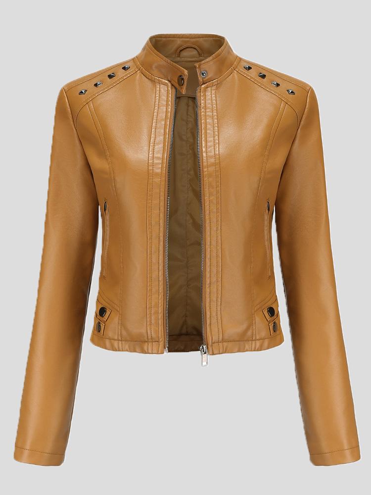 Women's Jackets Studded Stand Collar Long Sleeve Short Leather Jacket - LuckyFash™