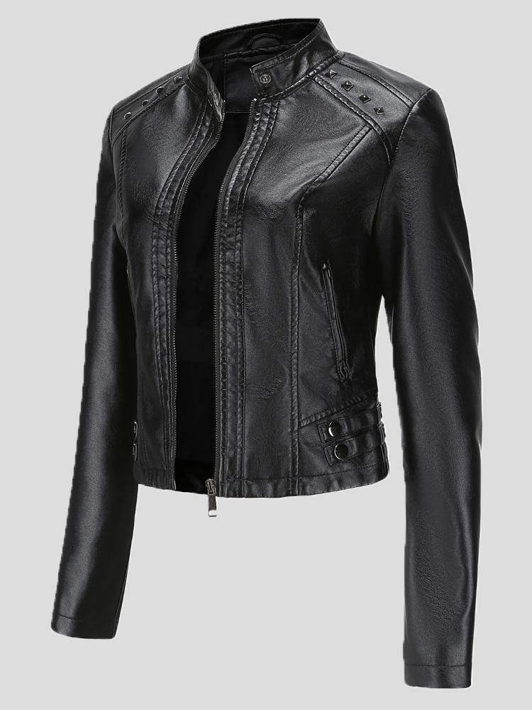 Women's Jackets Studded Stand Collar Long Sleeve Short Leather Jacket - LuckyFash™