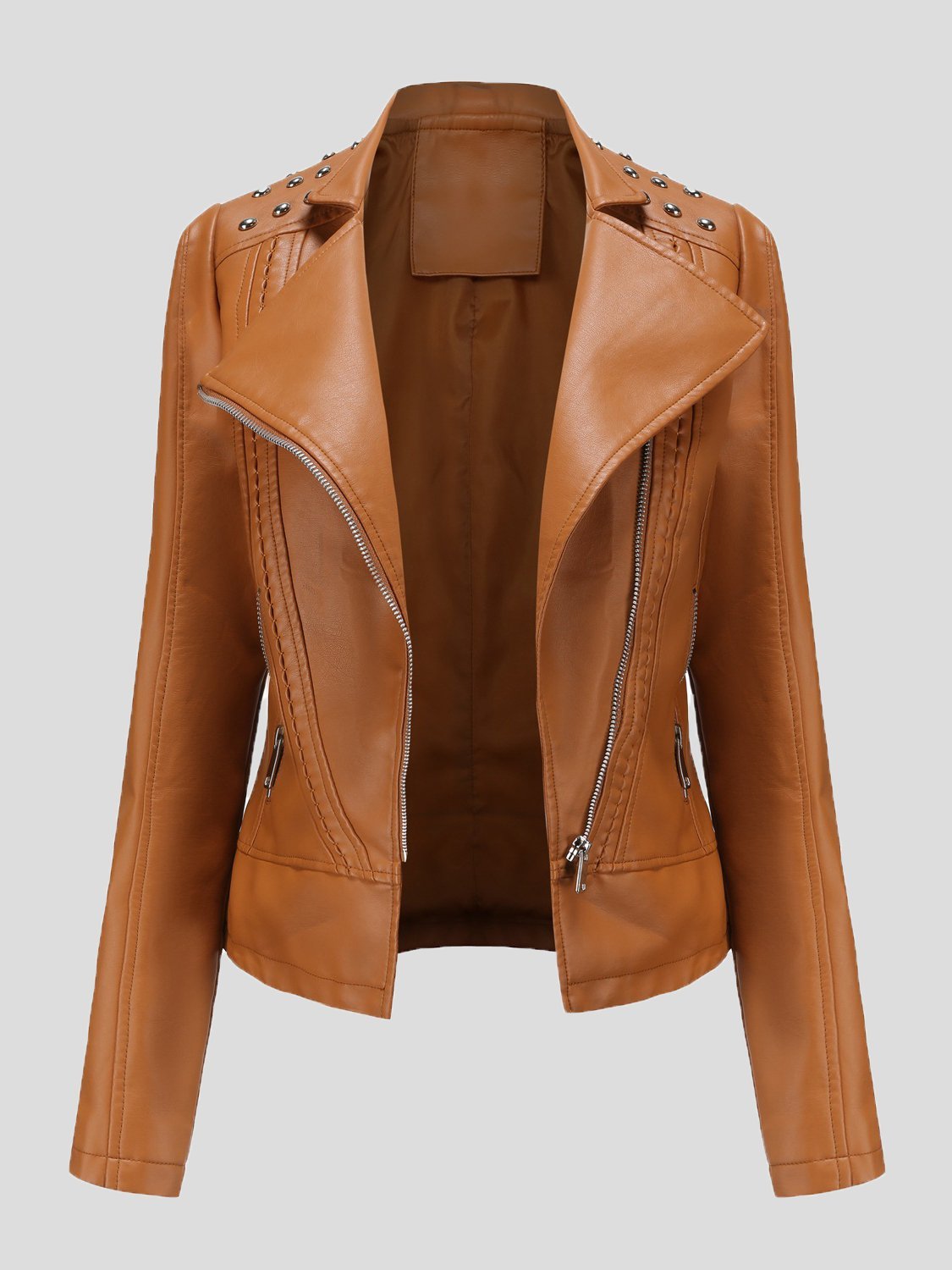 Women's Jackets Studded Zipper Lapel Leather Jacket - LuckyFash™