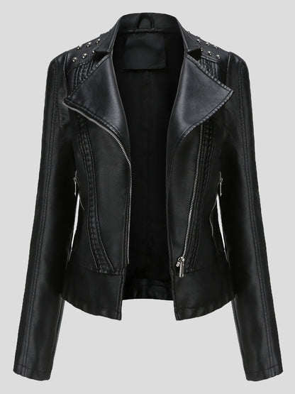 Women's Jackets Studded Zipper Lapel Leather Jacket - LuckyFash™