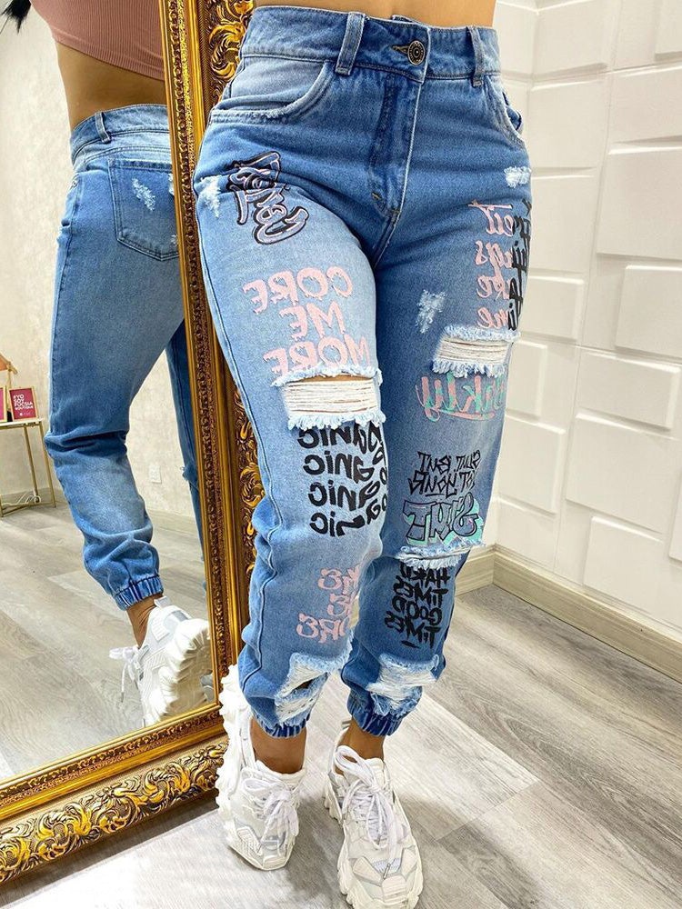 Women's Jeans Casual Alphabet Print Shredded Bungee Jeans - LuckyFash™