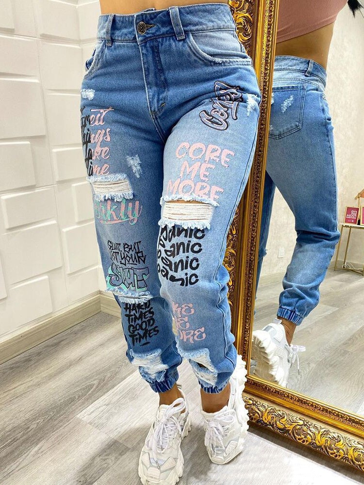 Women's Jeans Casual Alphabet Print Shredded Bungee Jeans - LuckyFash™