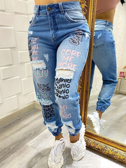 Women's Jeans Casual Alphabet Print Shredded Bungee Jeans - LuckyFash™