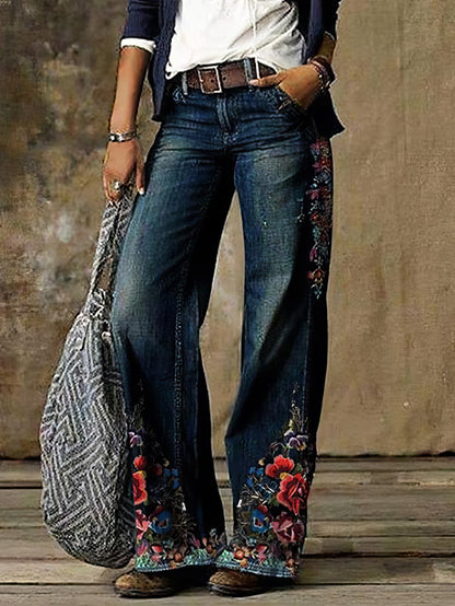 Jeans Casual Floral Print Pocket Wide-Leg Jeans - LuckyFash™