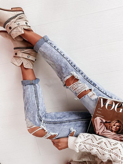 Women's Jeans Casual Washed Mid-Rise Ripped Straight-Leg Jeans - LuckyFash™