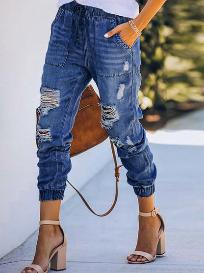 Women's Jeans Elastic Waist Drawstring Ripped Harem Jeans - LuckyFash™