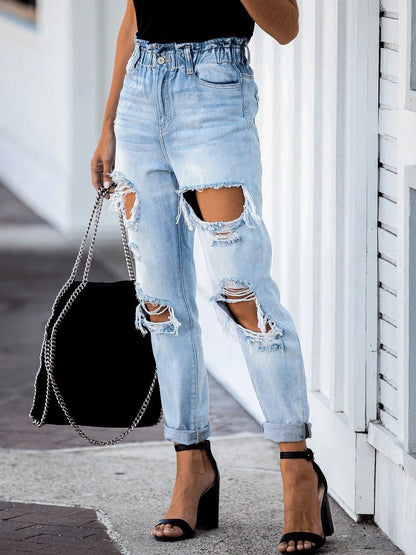Women's Jeans Elastic Waist Ripped Straight-Leg Jeans - LuckyFash™