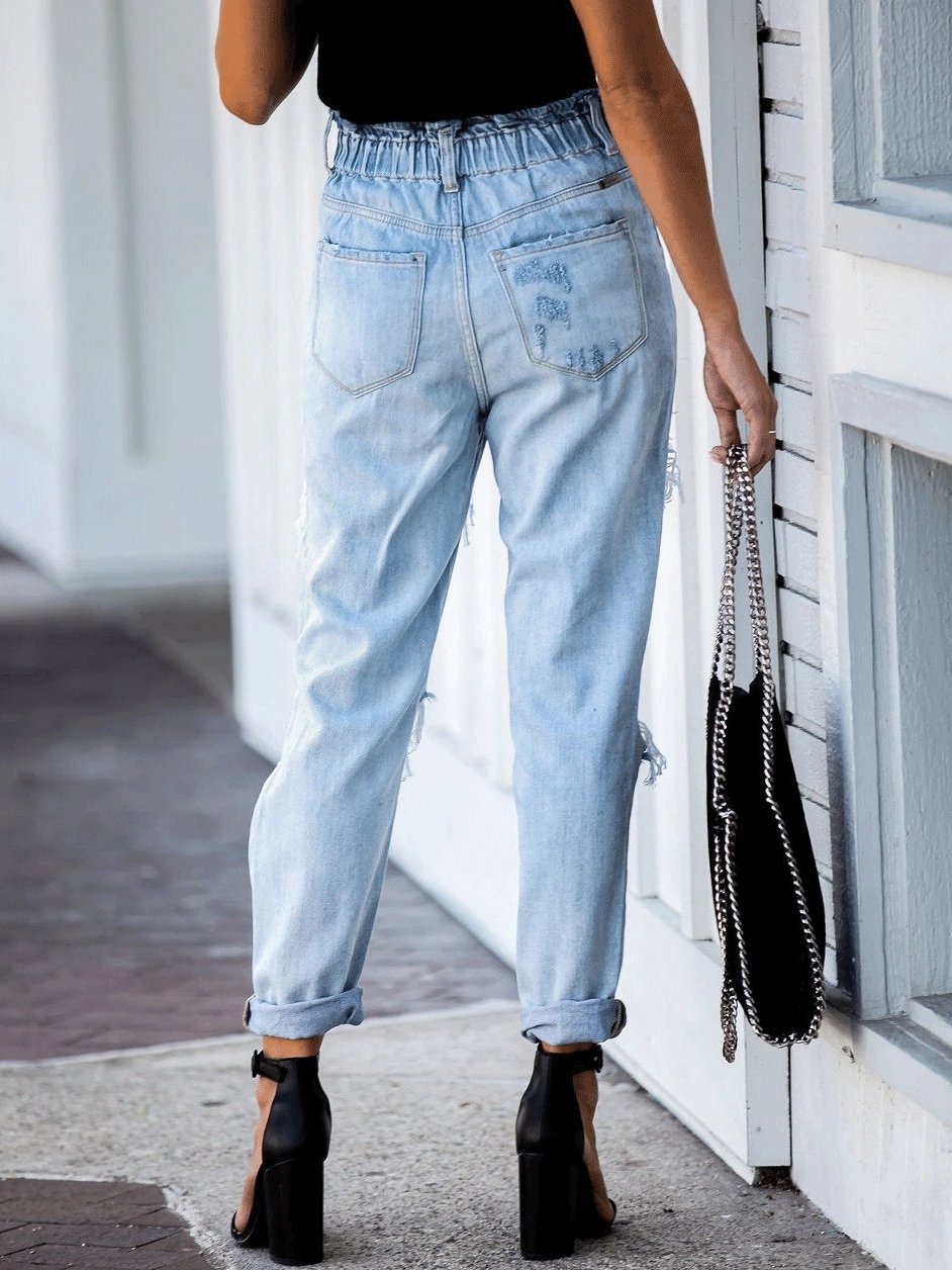 Women's Jeans Elastic Waist Ripped Straight-Leg Jeans - LuckyFash™