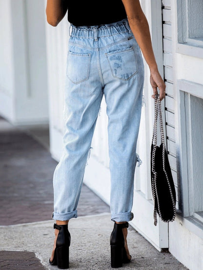 Women's Jeans Elastic Waist Ripped Straight-Leg Jeans - LuckyFash™