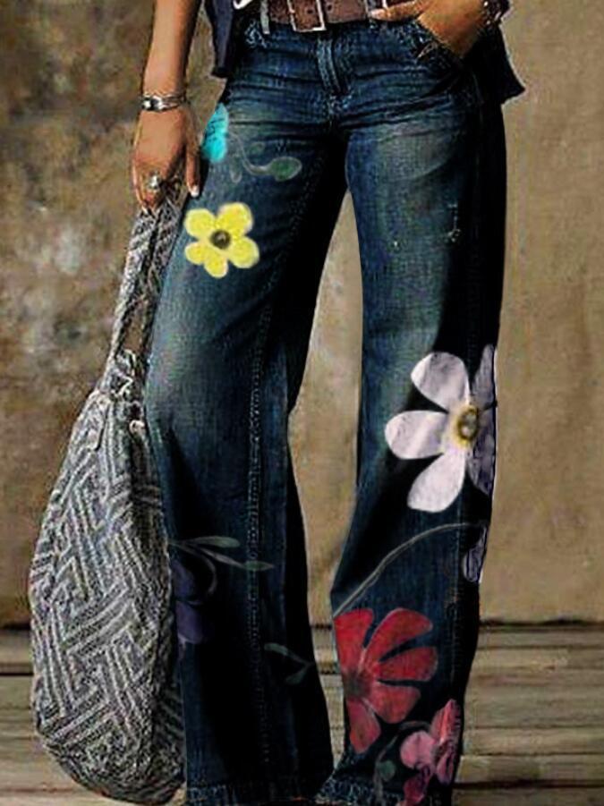 Women's Jeans Floral Print Casual Wide-Leg Jeans - LuckyFash™