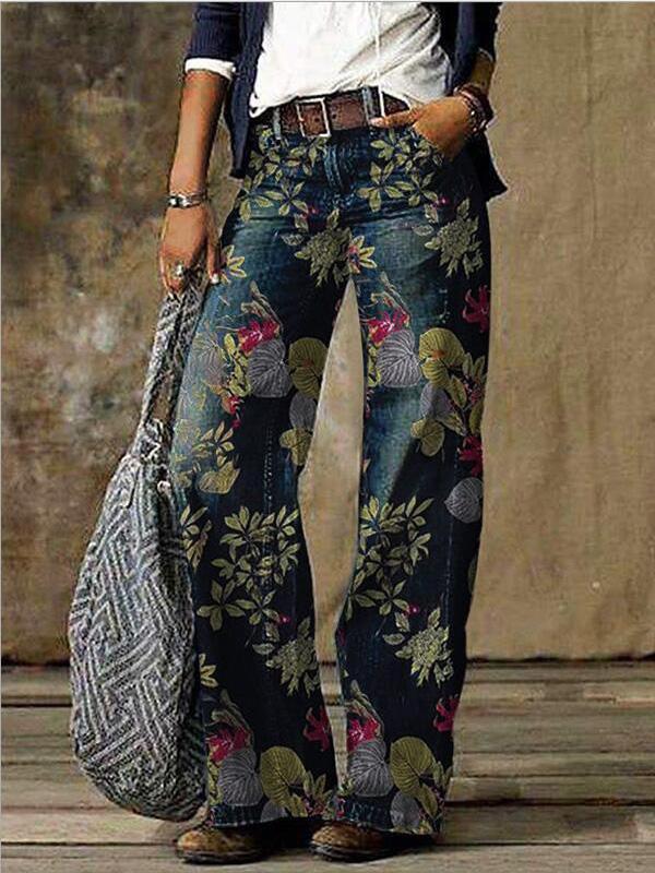 Women's Jeans Floral Print Casual Wide-Leg Jeans - LuckyFash™