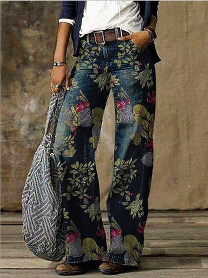Women's Jeans Floral Print Casual Wide-Leg Jeans - LuckyFash™