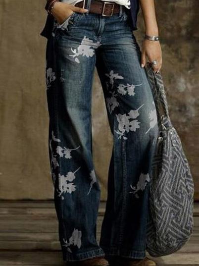 Women's Jeans Floral Print Pocket Wide-Leg Jeans - LuckyFash™