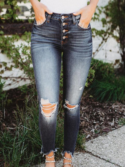 Women's Jeans Ripped Buttons Slim Mid-Rise Jeans - LuckyFash™