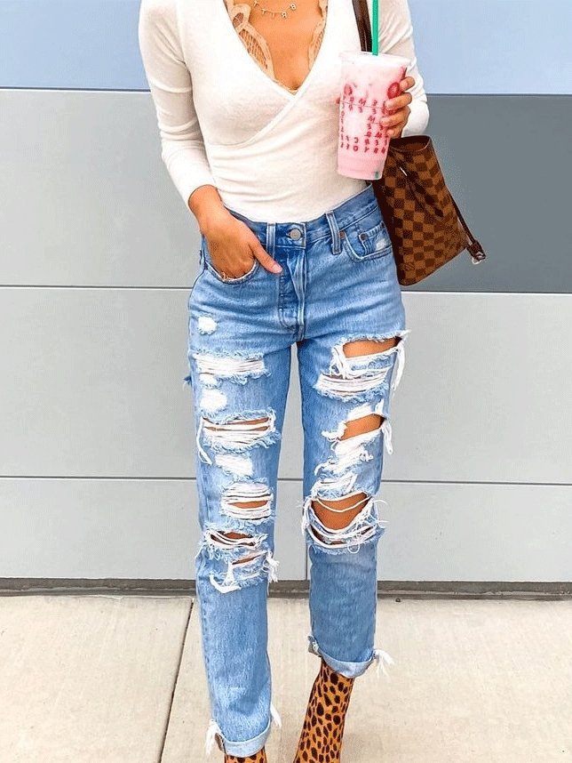 Women's Jeans Ripped Straight-Leg Slim-Fit Jeans - LuckyFash™