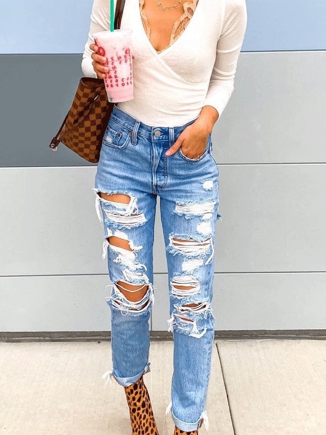 Women's Jeans Ripped Straight-Leg Slim-Fit Jeans - LuckyFash™