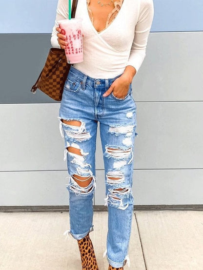 Women's Jeans Ripped Straight-Leg Slim-Fit Jeans - LuckyFash™