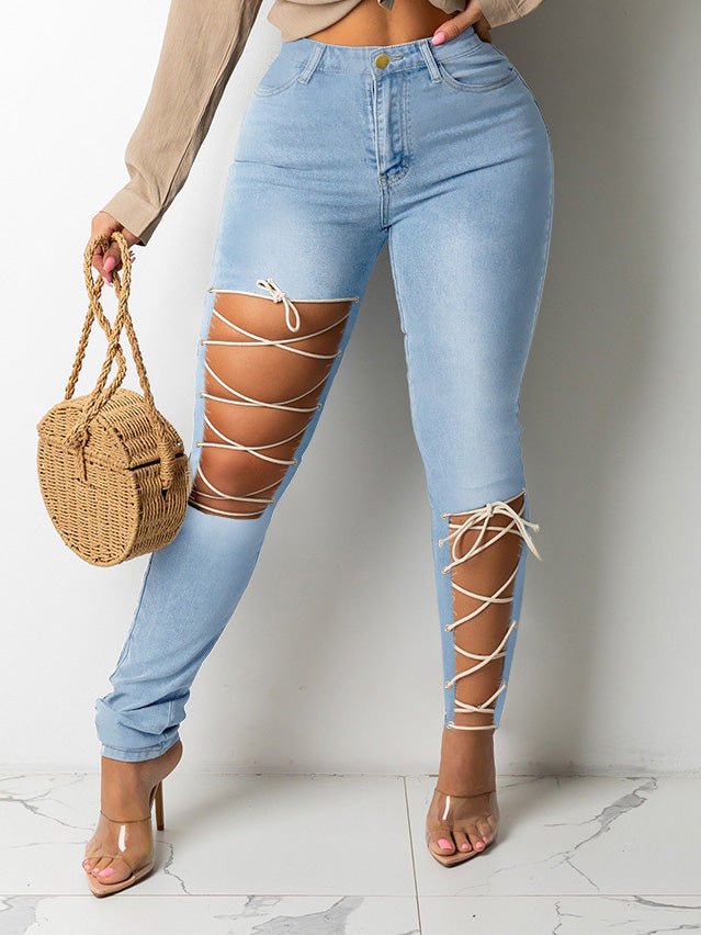 Women's Jeans Ripped Tie Stretch Slim Jeans - LuckyFash™