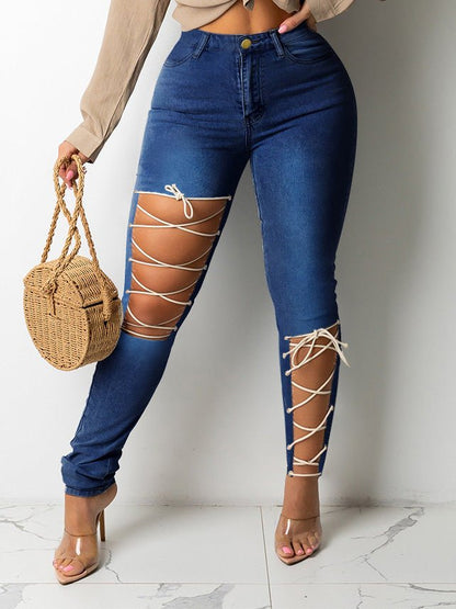 Women's Jeans Ripped Tie Stretch Slim Jeans - LuckyFash™
