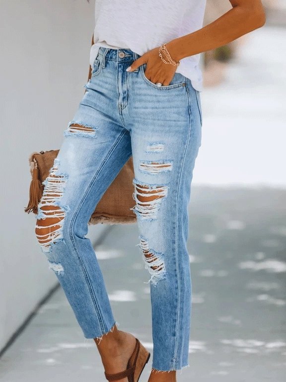 Women's Jeans Simple Temperament Ripped Slim-Fit Washed Jeans - LuckyFash™