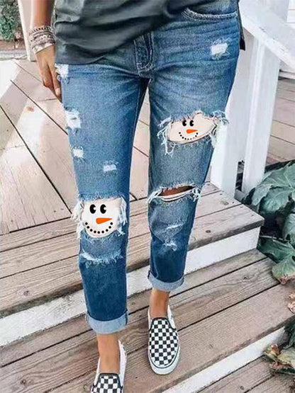 Jeans Snowman Print Ripped Skinny Jeans - LuckyFash™