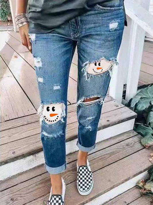Jeans Snowman Print Ripped Skinny Jeans - LuckyFash™