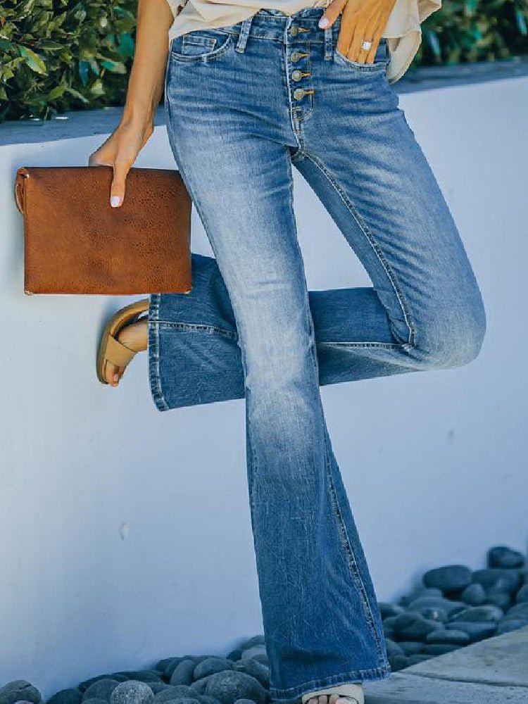 Women's Jeans Washed Button Slim Fit Micro-Flare Jeans - LuckyFash™