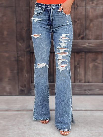 Women's Jeans Washed Shredded Micro-Flare Slit Jeans - LuckyFash™