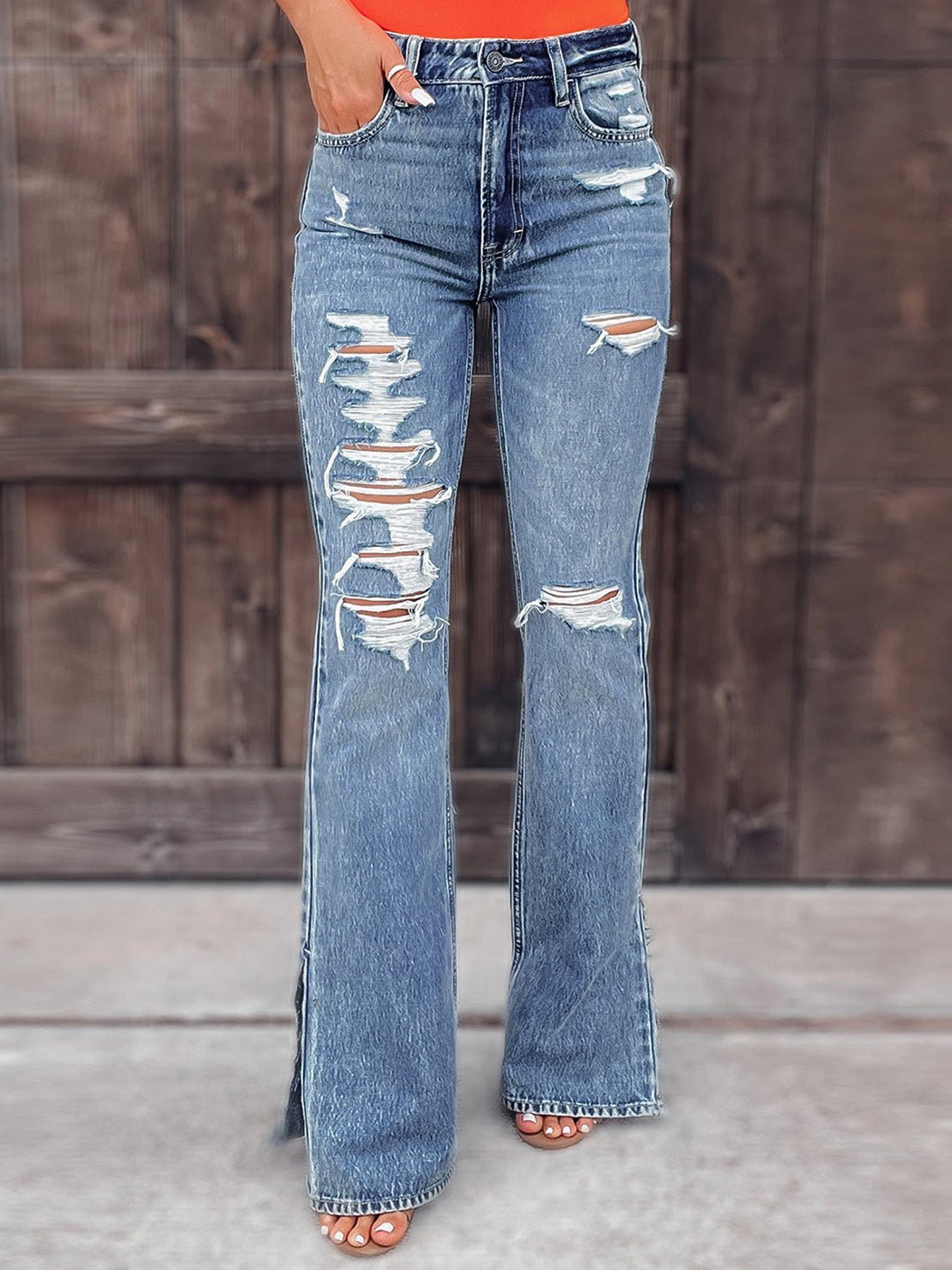 Women's Jeans Washed Shredded Micro-Flare Slit Jeans - LuckyFash™