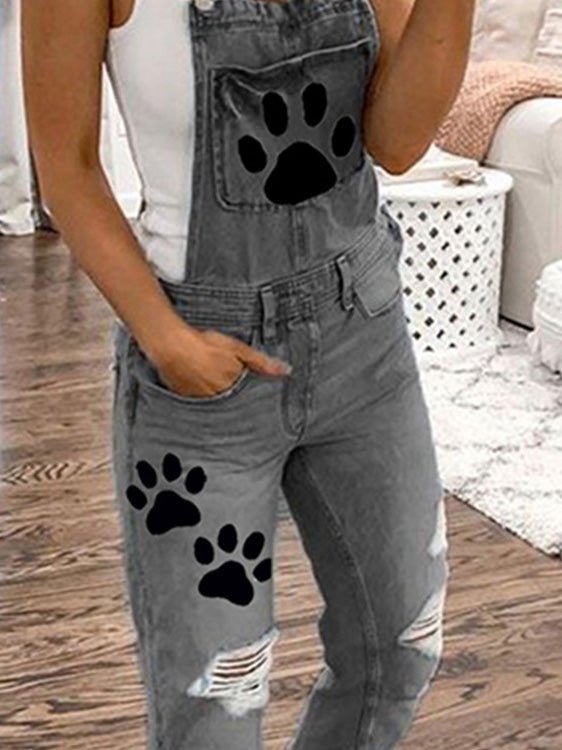 Women's Jumpsuits Animal Paw Washed Ripped Denim Jumpsuit - LuckyFash™