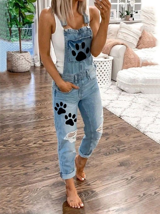 Women's Jumpsuits Animal Paw Washed Ripped Denim Jumpsuit - LuckyFash™