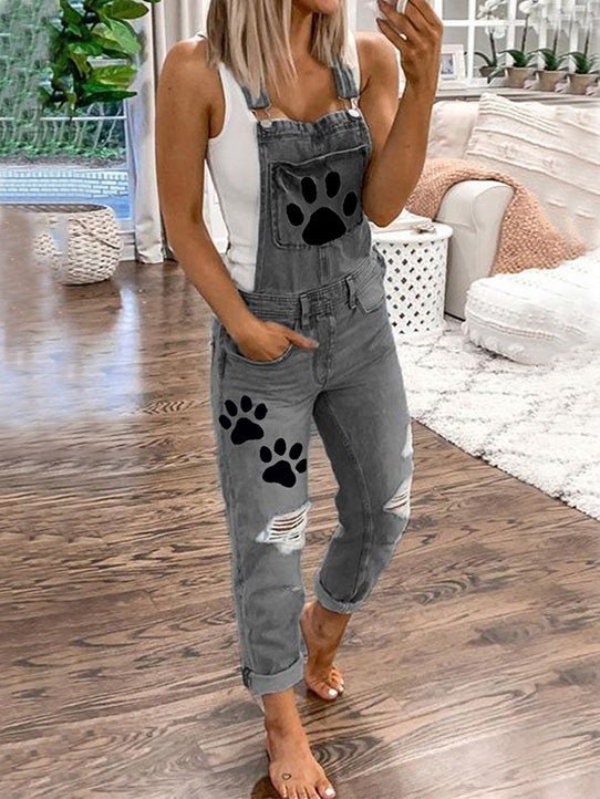 Women's Jumpsuits Animal Paw Washed Ripped Denim Jumpsuit - LuckyFash™