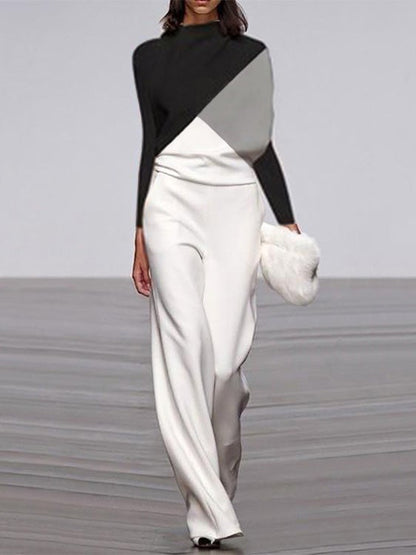 Women's Jumpsuits Black And White Color Matching Long Sleeve Jumpsuit - LuckyFash™